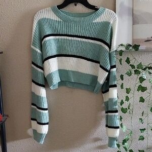 Striped Cropped Sweater in Green and White